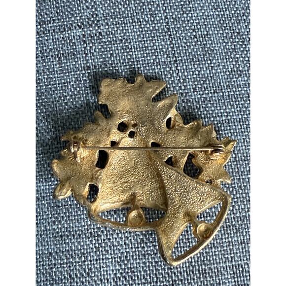 Vintage Enamel Double Christmas Bell Holly Brooch Red Green Statement Holiday - Picture 2 of 4